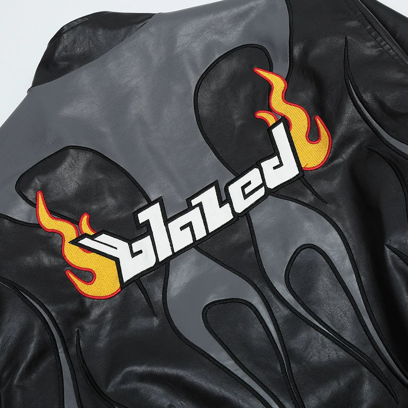 Embroidered Flame Contrasting Color Racing Leather Jacket W3000